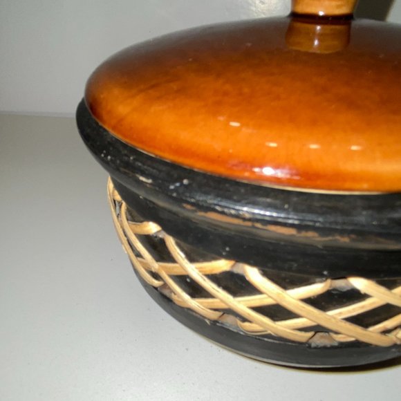 Ceramic Textured Decorative Bowl Jar with Lid Brown and Black Braided - Picture 3 of 6